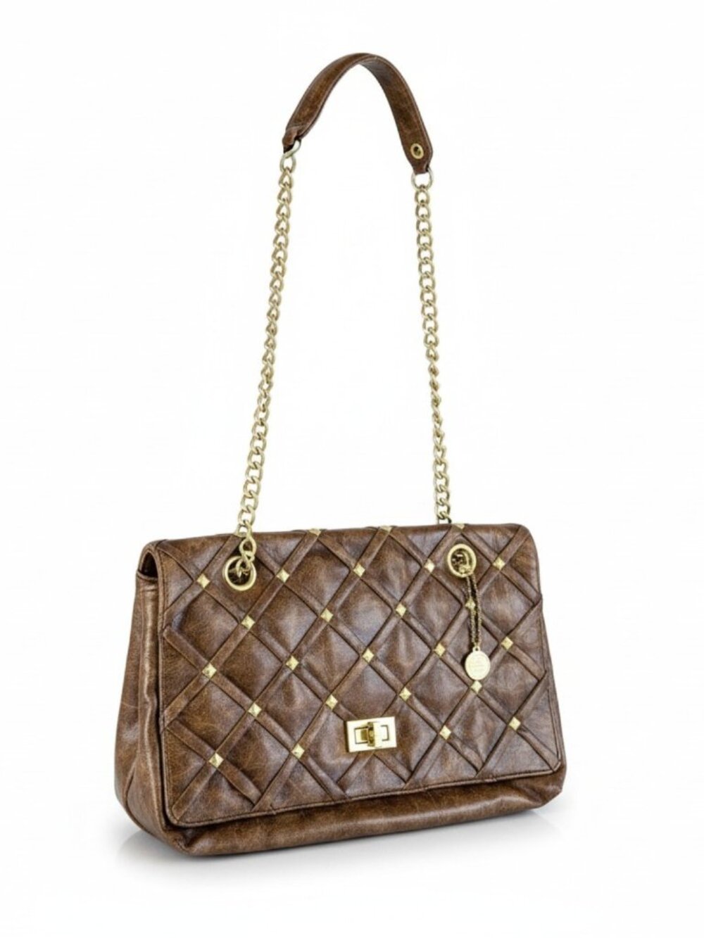 Big Buddha Chocolate Brown Weaved Studded Vegan Leather Turn Lock Shoulder Bag